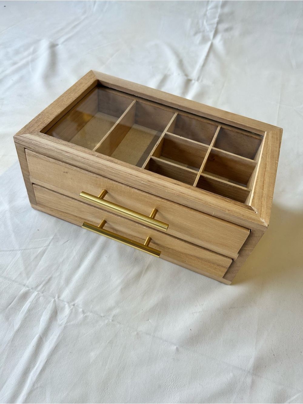 Wood Jewelry Organizer Box with Glass Top - Natural Wood & Gold Handles
